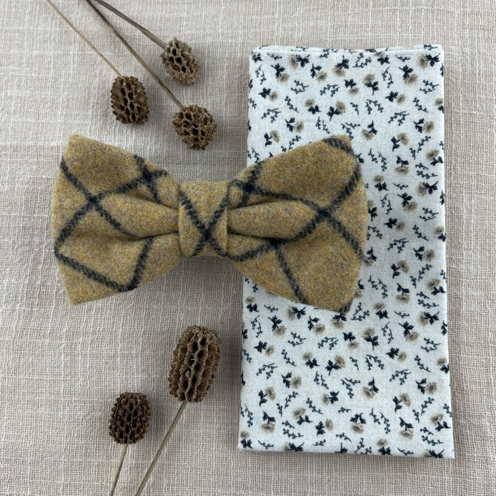 Men’s Camel Tan Tartan Wool Bow Tie & Cream Floral Pocket Square Set